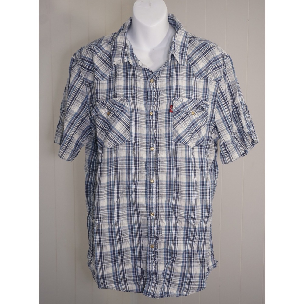 Levi's Large Blue Plaid Short Sleeve Western Pearl Snap Shirt